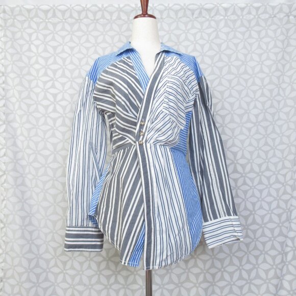 Anthropologie Pilcro Reworked Mixed Stripe Buttondown Shirt Blue Small - Picture 4 of 8